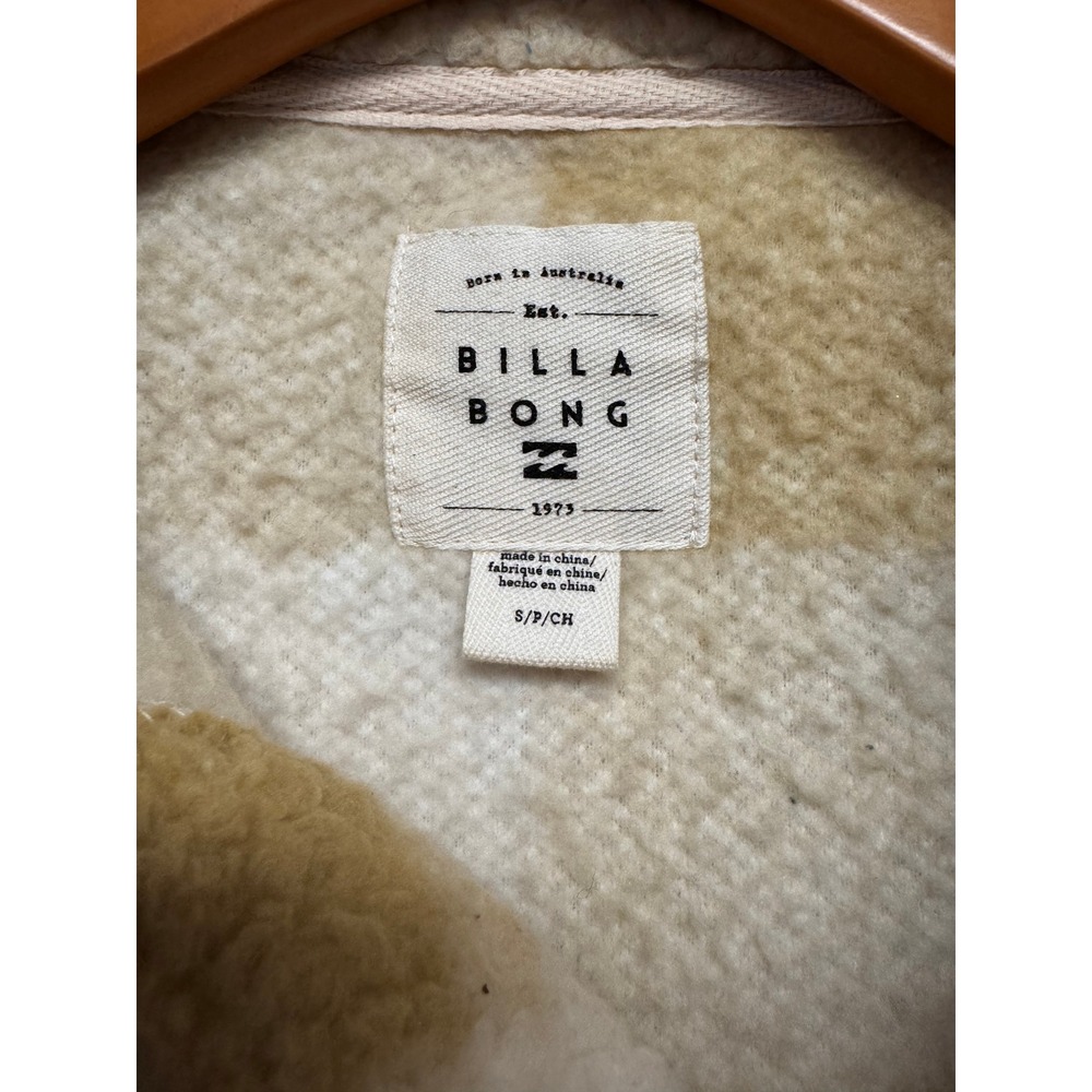 Billabong Cream Olive Plaid Sherpa Fleece Shacket Jacket Button Women's Small - Picture 7 of 9